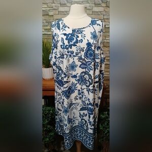 🪻Shein Curve 3X Floral Blue and White Sleeveless Shift‎ Dress